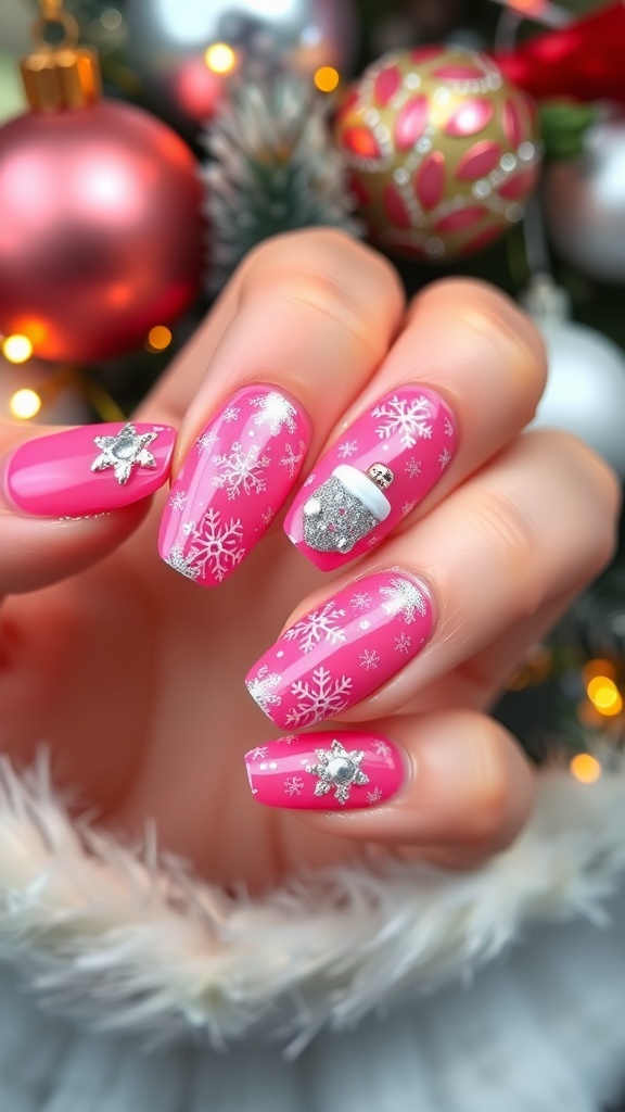 Elegant pink Christmas gel nails with snowflake designs and glitter accents.